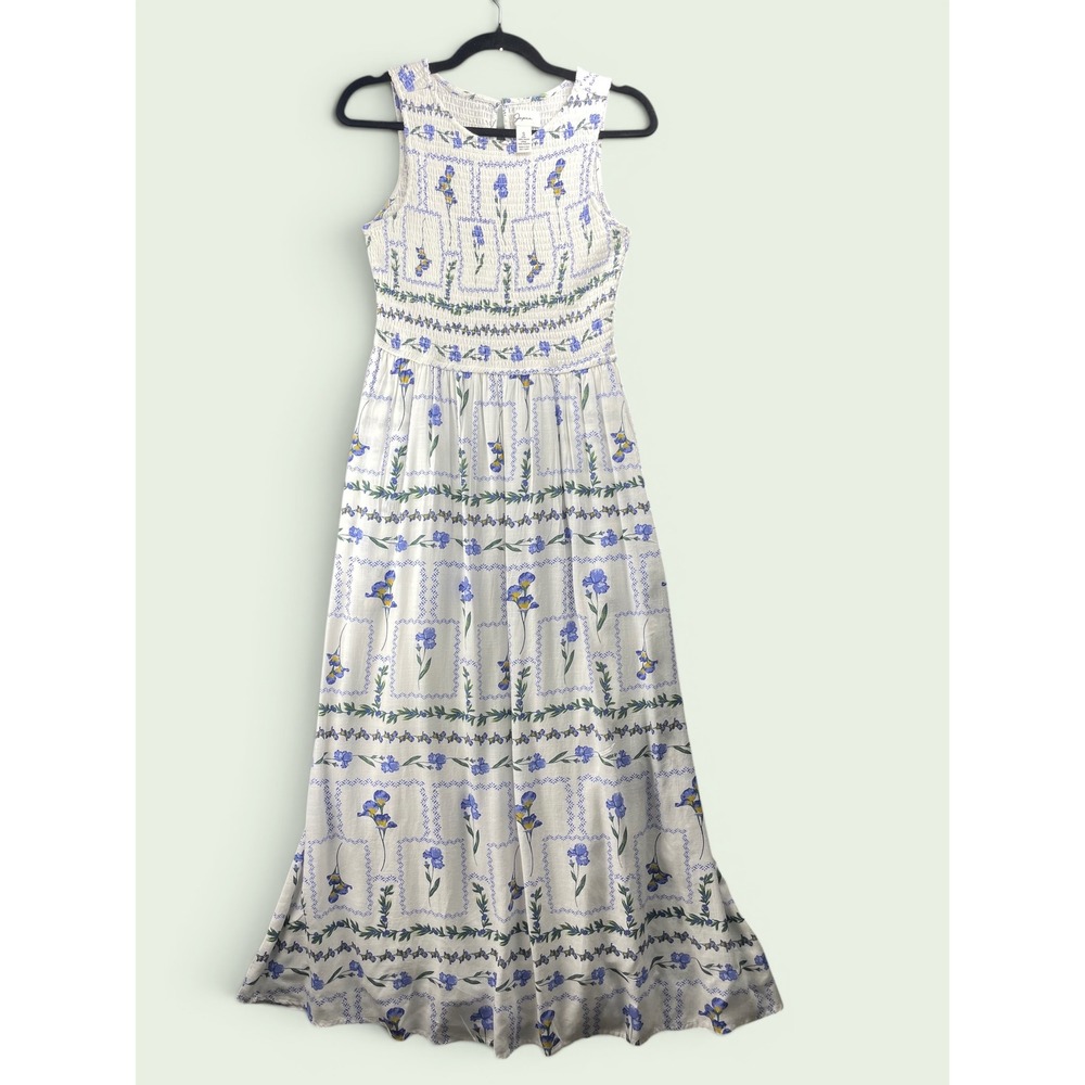 Japna White Blue Floral Smocked Bodice Sleeveless Maxi Dress Small Cottagecore